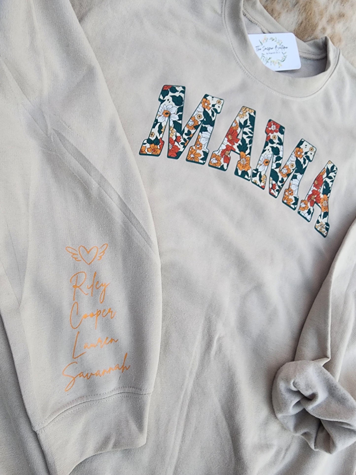 green & yellow mama sweatshirt with names