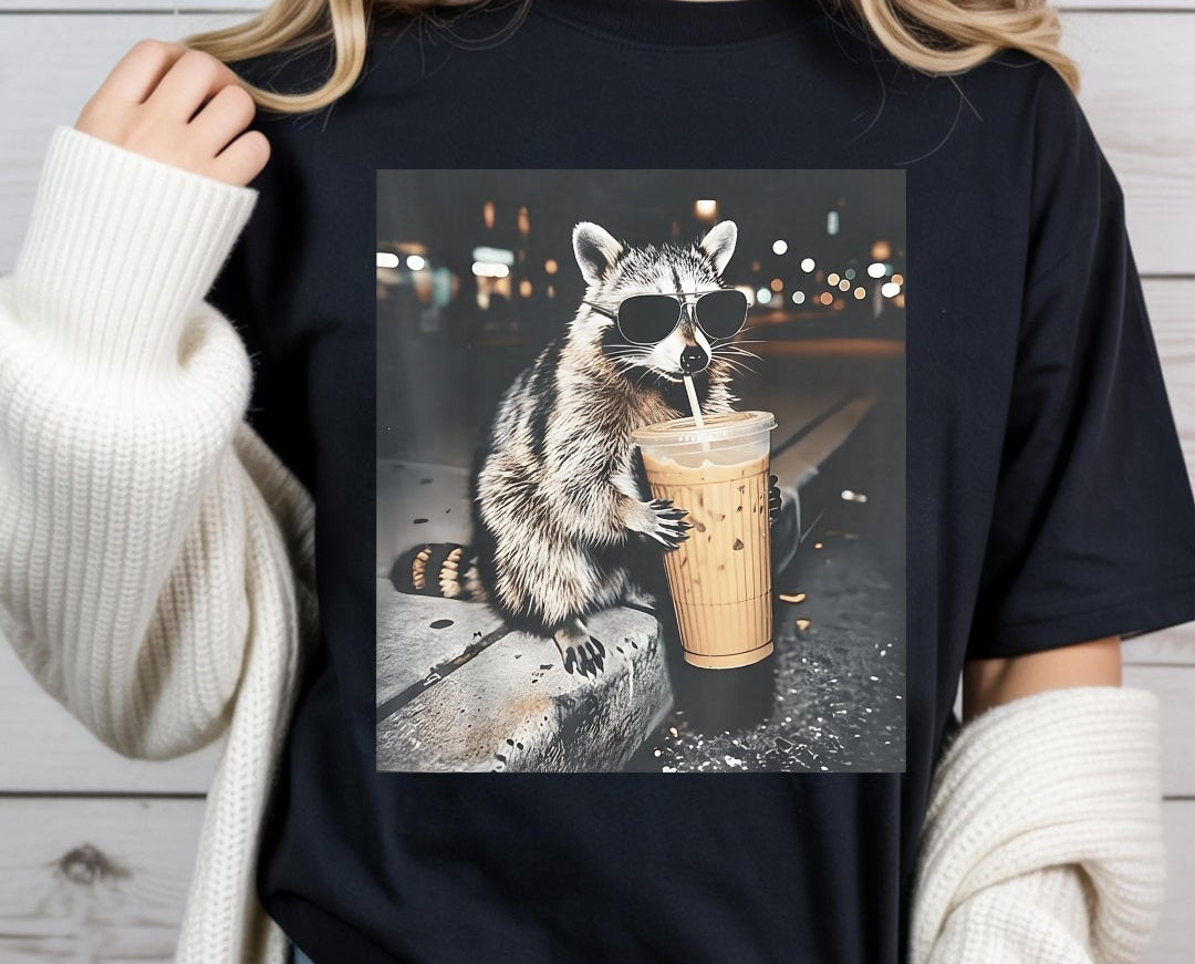 Racoon drinking coffee