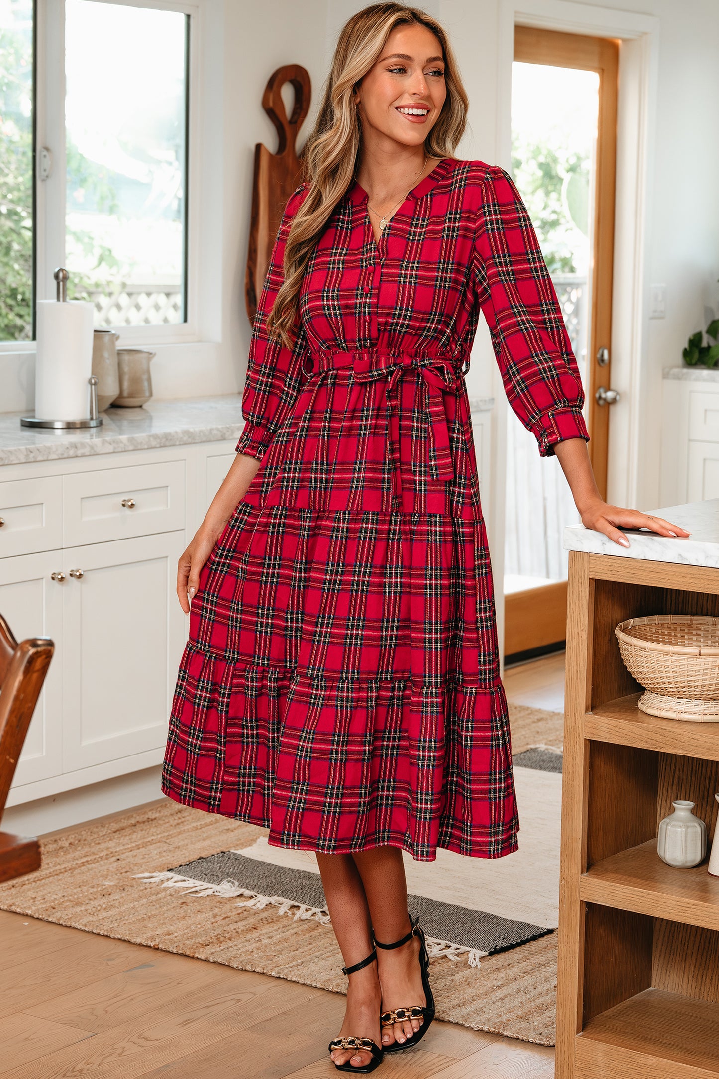 Red Christmas Plaid Ruffle Long Dress