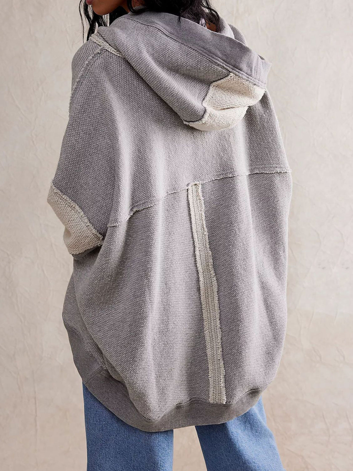 Exposed Seam Open Front Batwing Sleeve Hooded Cardigan