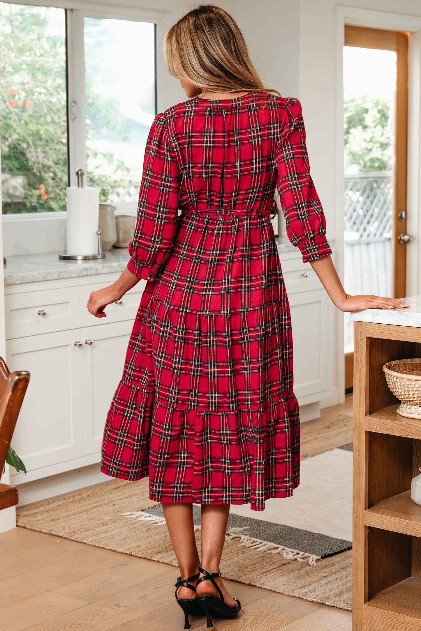 Red Christmas Plaid Ruffle Long Dress