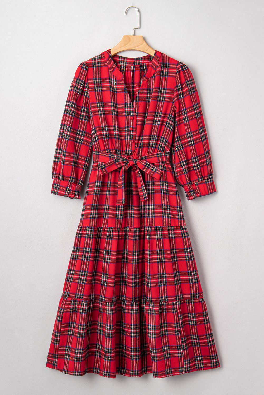 Red Christmas Plaid Ruffle Long Dress