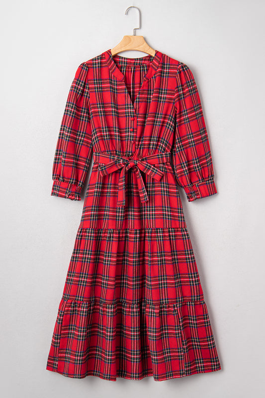 Red Christmas Plaid Ruffle Long Dress