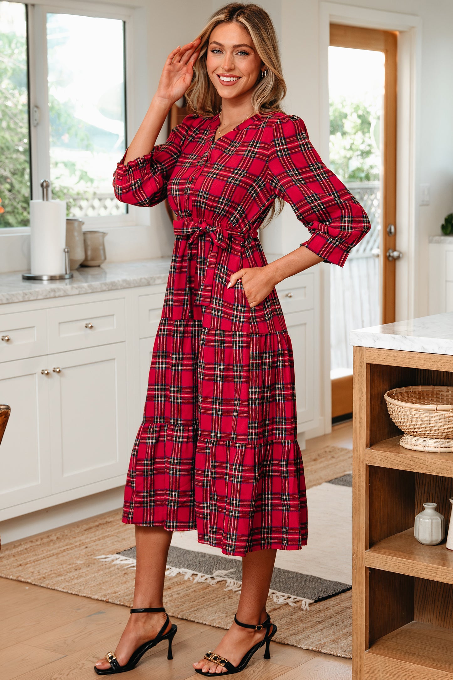 Red Christmas Plaid Ruffle Long Dress