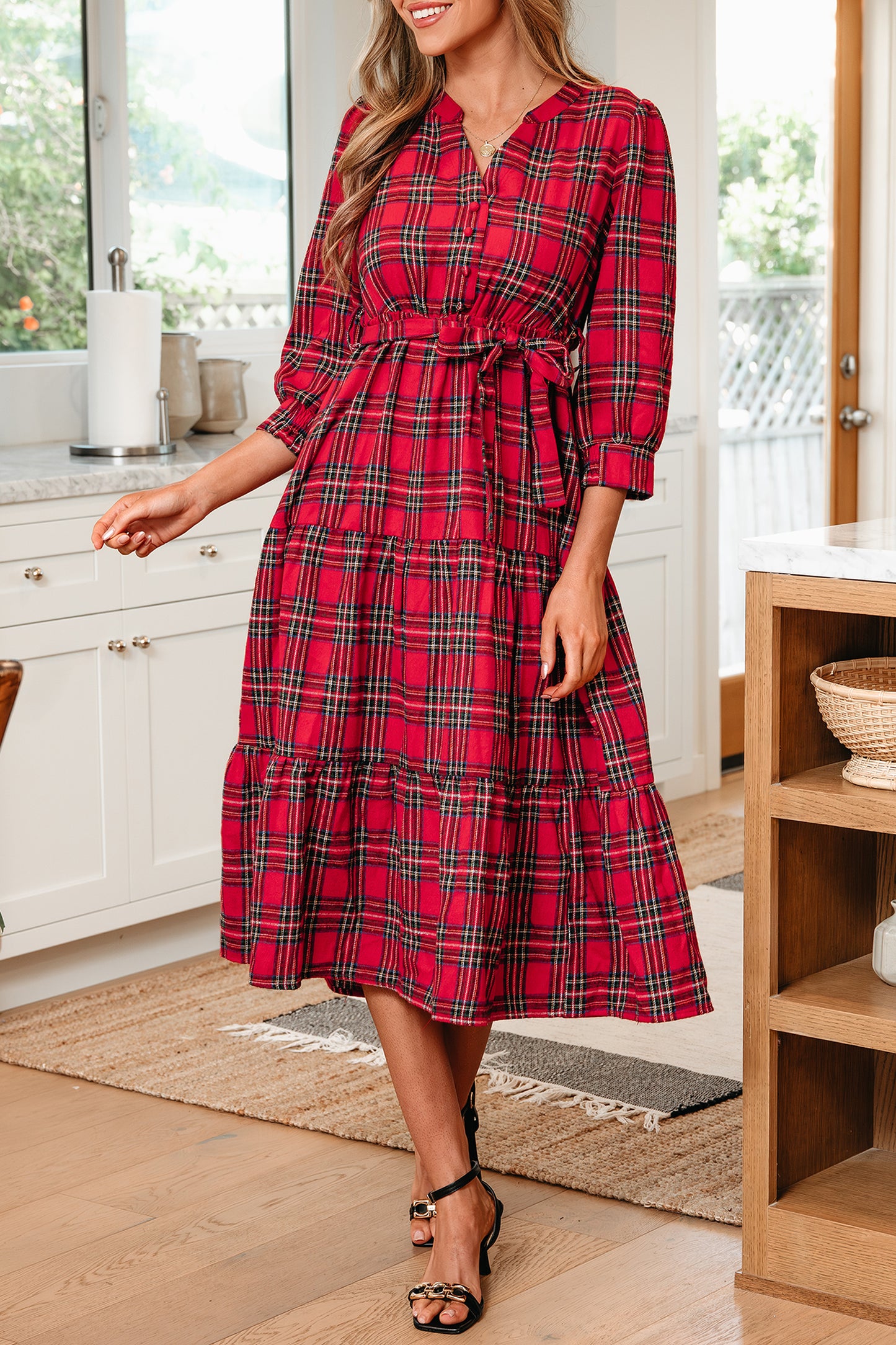 Red Christmas Plaid Ruffle Long Dress