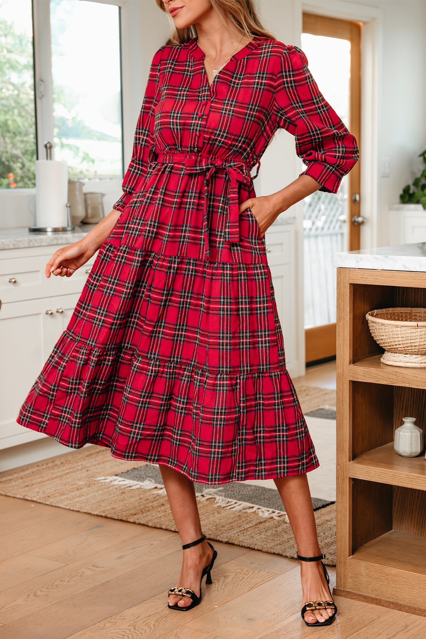 Red Christmas Plaid Ruffle Long Dress