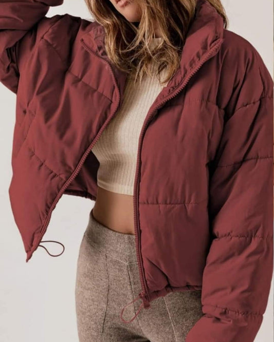 Burgundy cropped, puffer jacket!