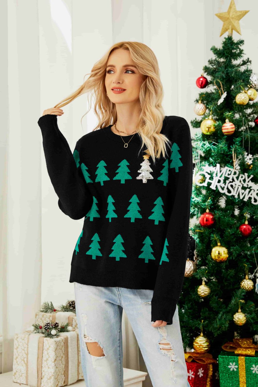 Christmas Tree Round Neck Ribbed Trim Sweater