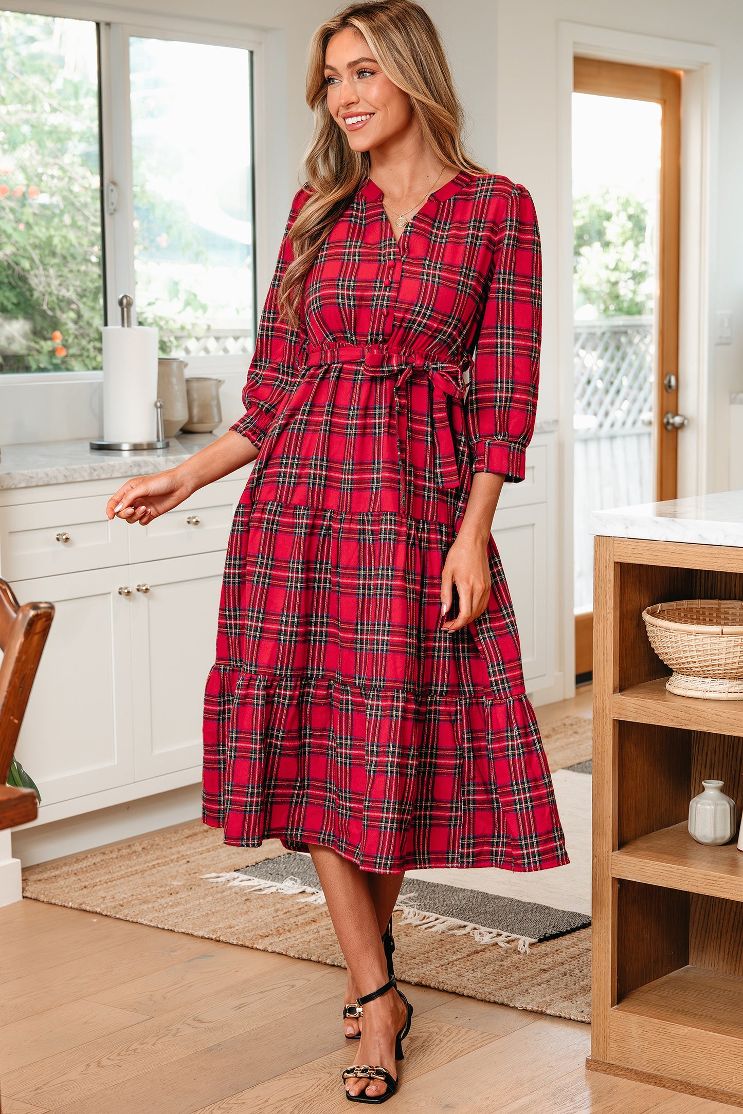 Red Christmas Plaid Ruffle Long Dress