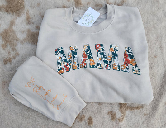 green & yellow mama sweatshirt with names