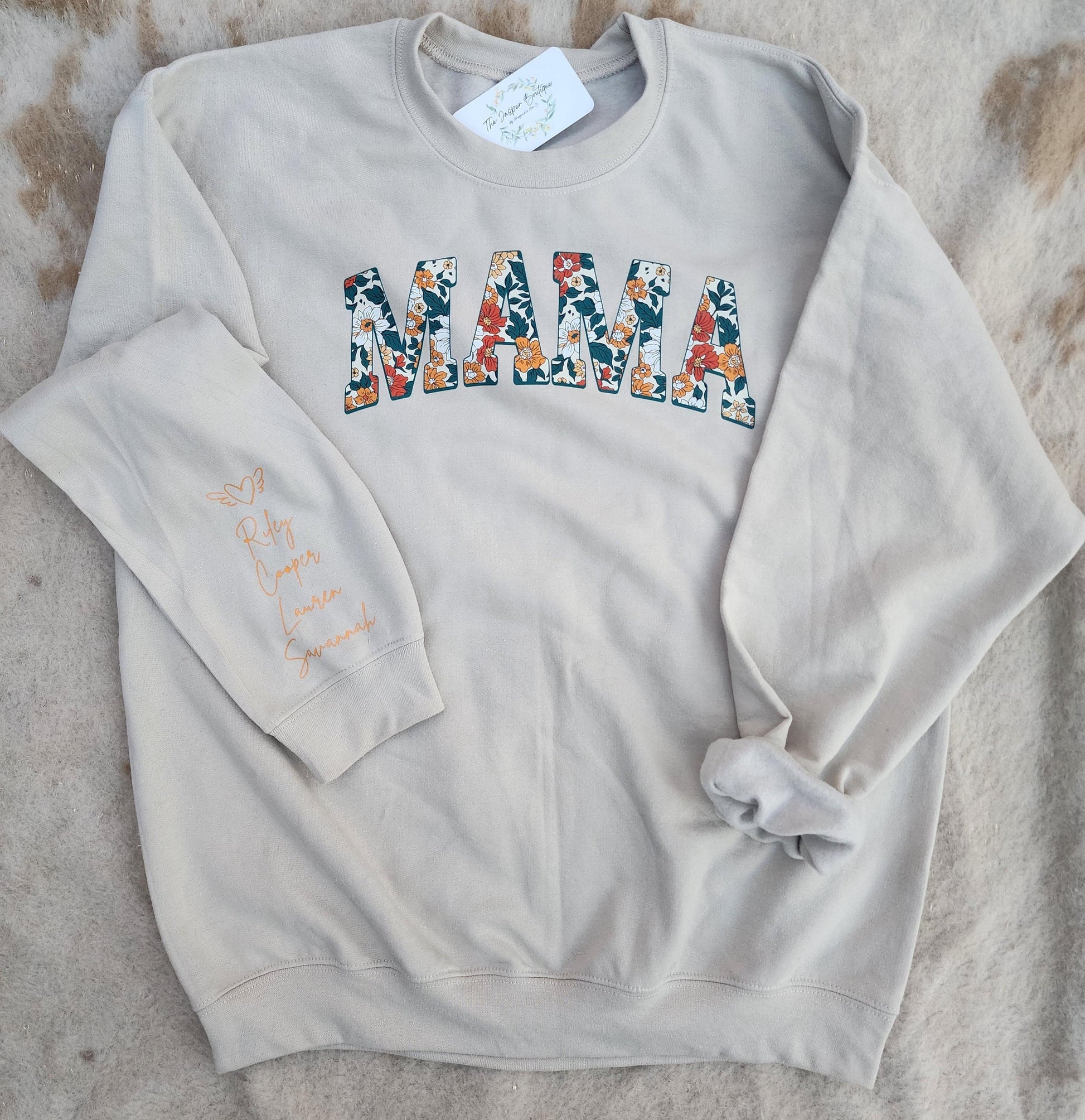 green & yellow mama sweatshirt with names
