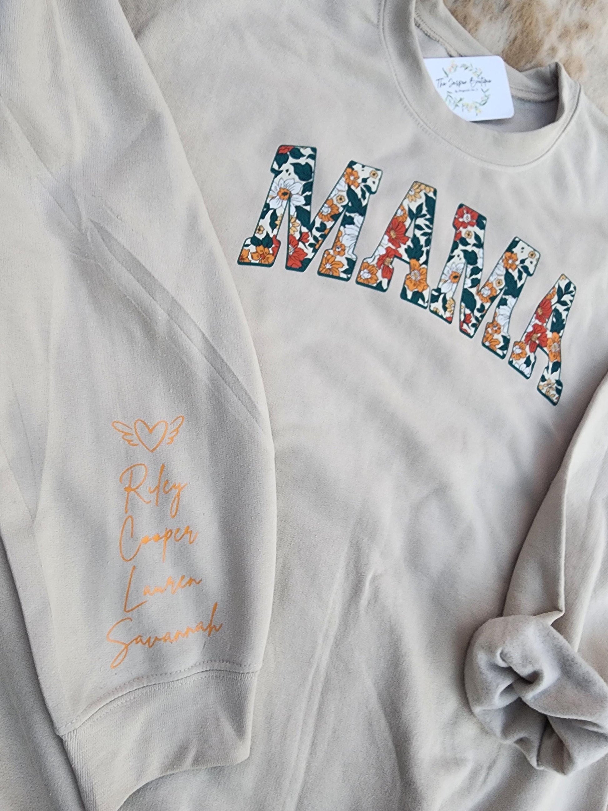 green & yellow mama sweatshirt with names